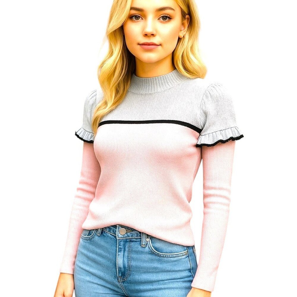 DEFECT Guess Turtleneck Sweater Dusty Pink with Black Detailing Ruffles Medium